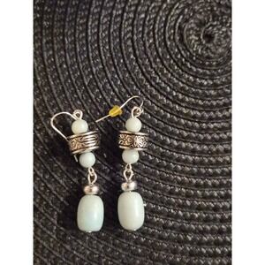Pale Mint Green Stone Drop Earrings Silver Tone Boho Etched Barrel Dangle French